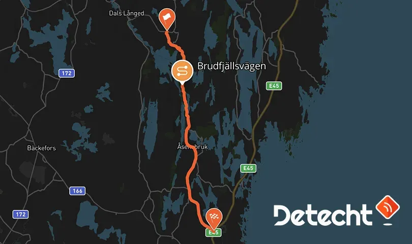 Karta över Brudfjällsvägen genom Dalslands sjö- och skogslandskap, från Dals Långed söderut mot E45.
