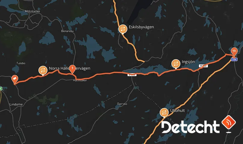 Karta över Ingsjön-slingan från Lindome österut förbi Hällesåker och längs sjön Ingsjön mot väg 156.