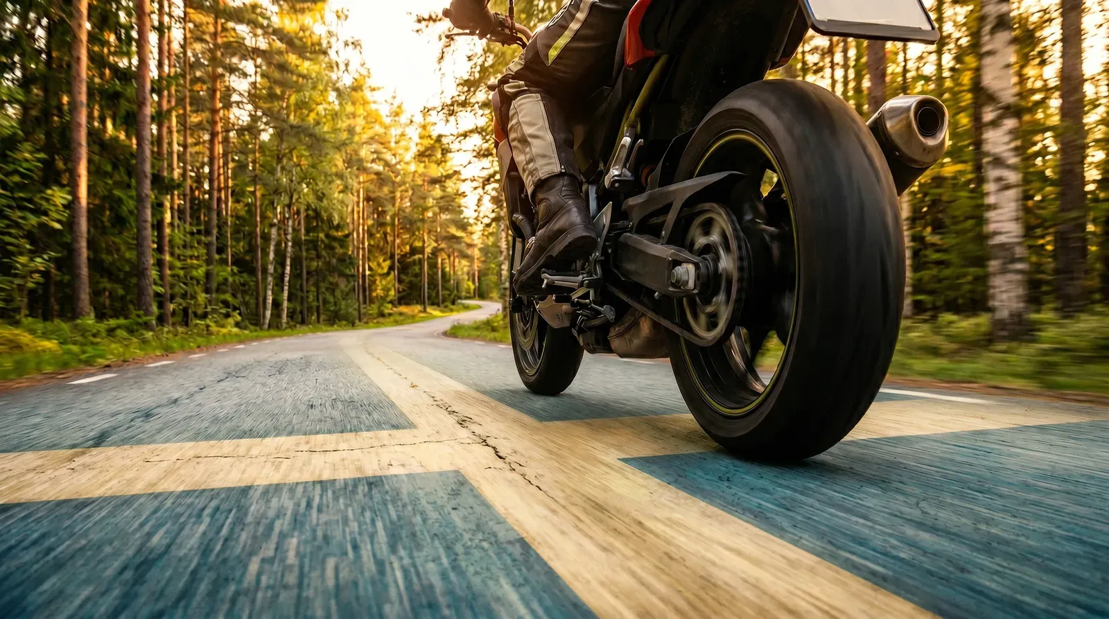 Motorcykel bakifrån i låg vinkel på en skogsväg med svenska flaggan målad på asfalten.