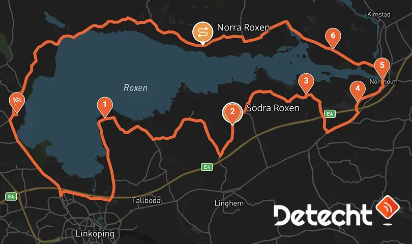 Karta över Roxen-slingan runt sjön Roxen norr om Linköping, via Södra Roxen, Norra Roxen och Norsholm.