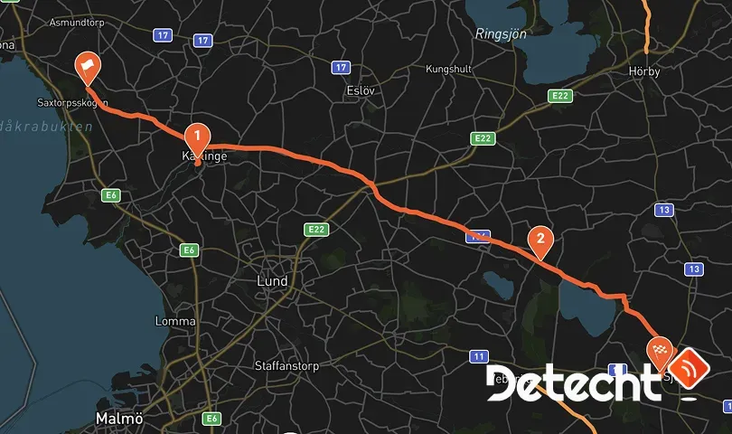 Karta över en rutt i Skåne från kusten vid Saxtorpsskogen via Kävlinge österut, norr om Lund.