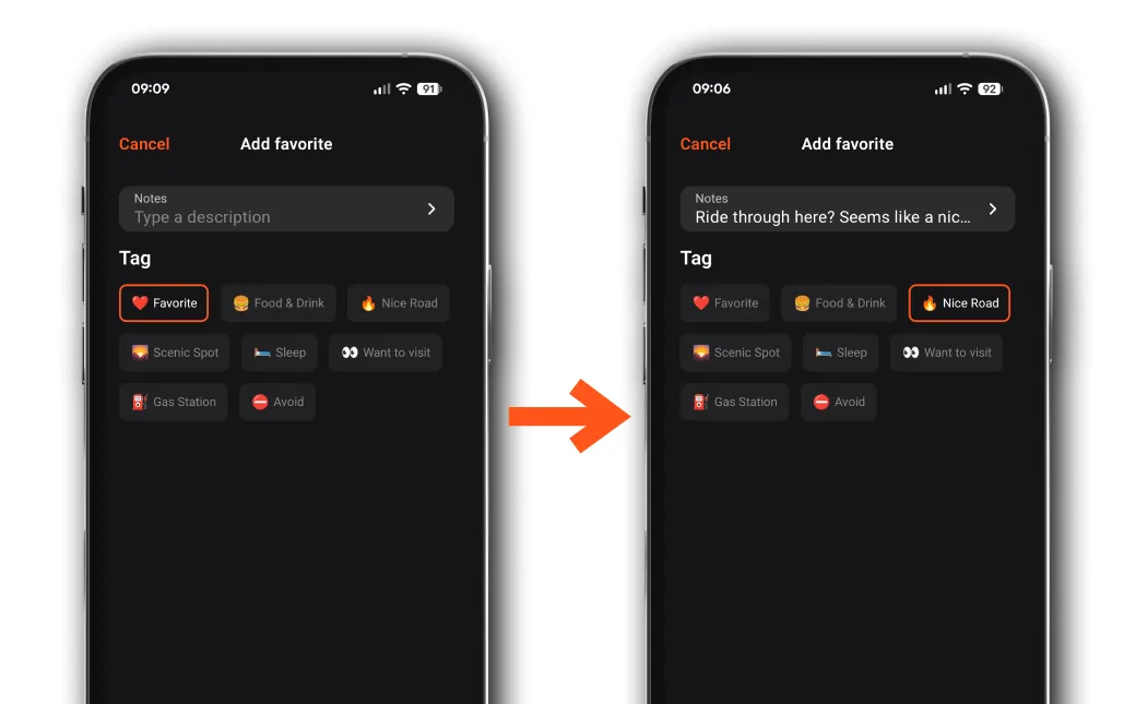 Add favorite with the Notes field and tags such as Favorite, Food & Drink and Nice Road