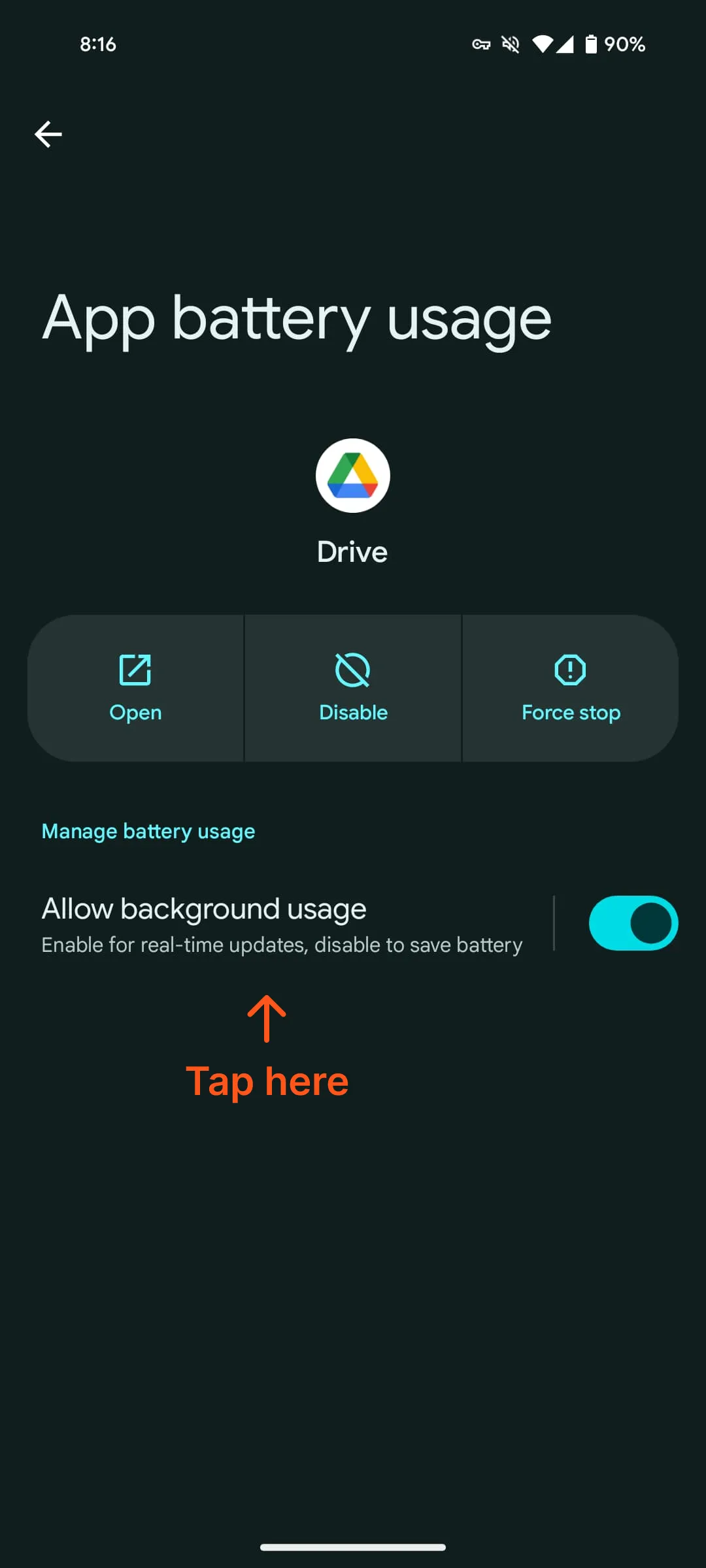 The App battery usage screen, with the words Allow background usage on the left and their switch on the right