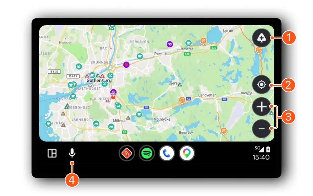 Detecht on Android Auto with the Hazards button at the top right, Re-center and the zoom buttons below it, and the microphone at the bottom left