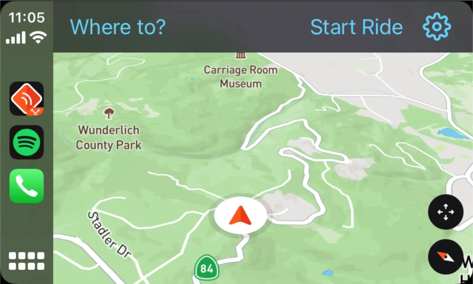 Detecht on CarPlay with Where to? and Start Ride at the top of the screen
