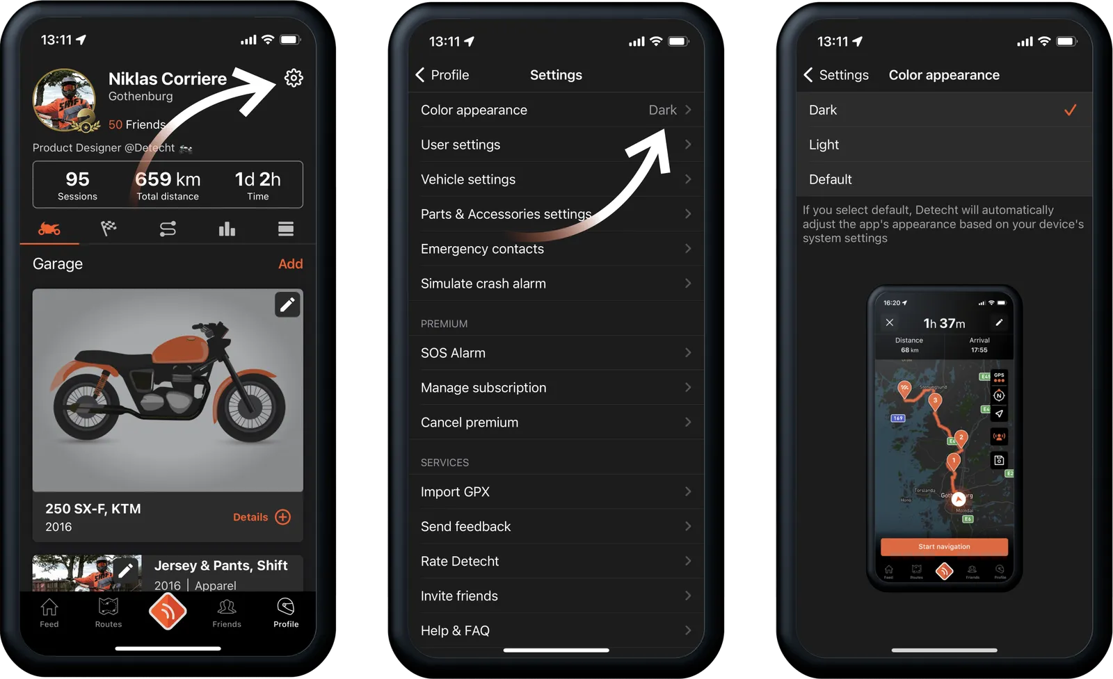 The Profile page with the cog icon in the top right corner, the Settings screen with Color appearance in the list, and the Color appearance screen with Dark, Light and Default