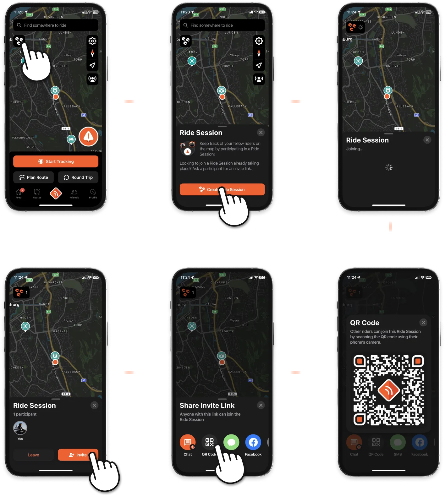Six steps: the Ride Session button on the map, Create Ride Session, Joining, the Invite button, Share Invite Link with QR Code, and the QR code