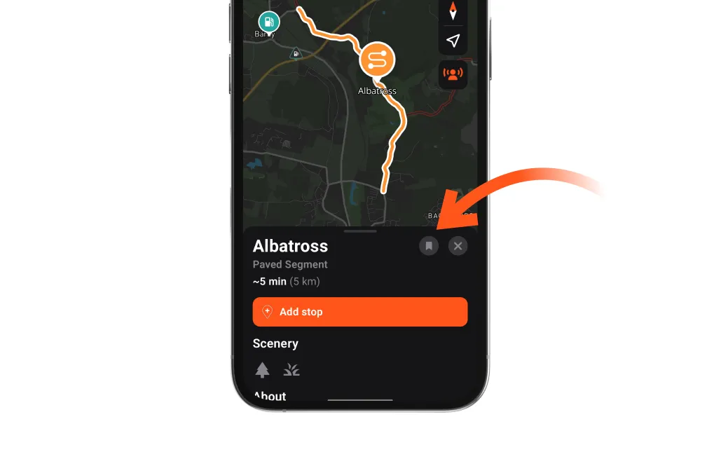 A road segment's panel with the Favorite icon to the left of the close button