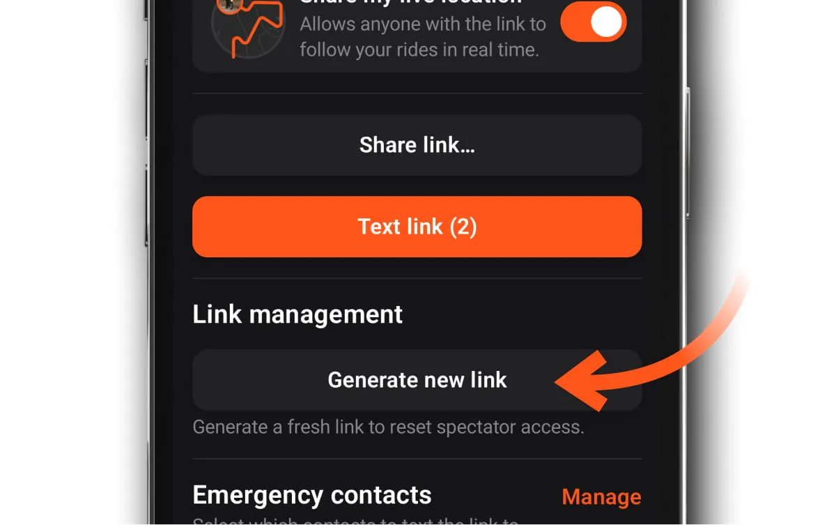 The Safety Tracking menu expanded, with Generate new link under Link management