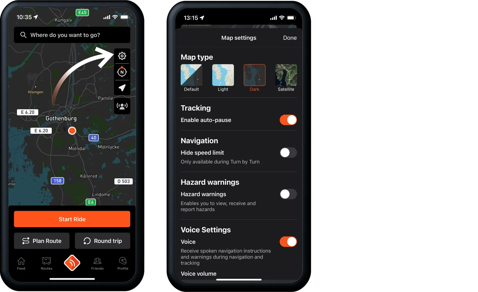 The map on the start screen with the cog icon at the top of the buttons on the right, and Map settings with the map types Default, Light, Dark and Satellite