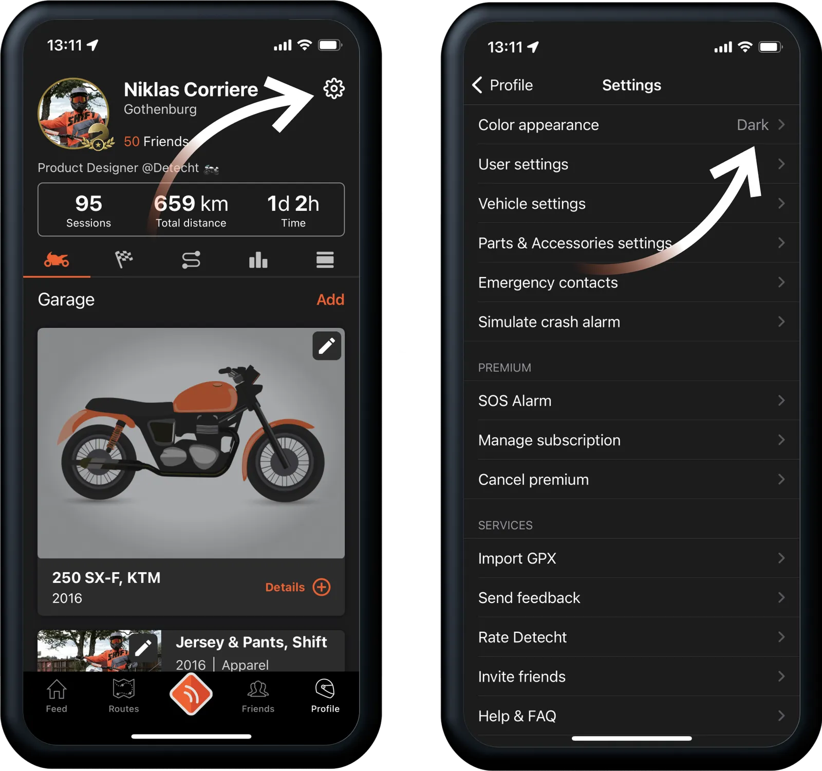 The Profile page with the cog icon in the top right corner, and the Settings screen it opens, with User settings second in the list