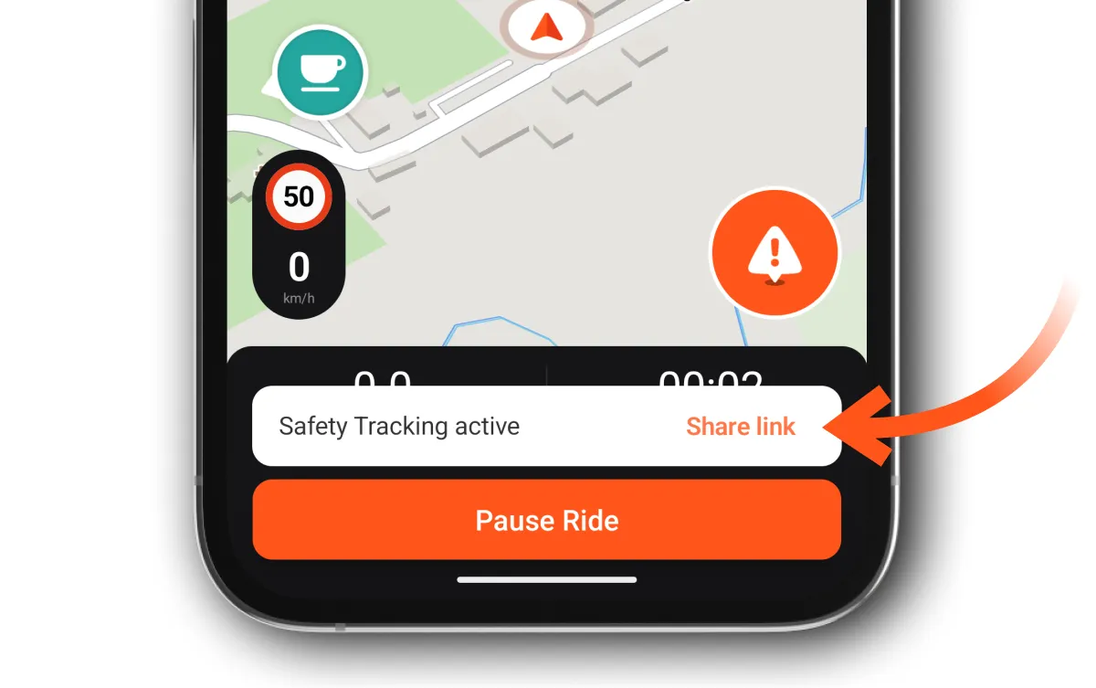 Safety Tracking active at the bottom of the screen, with Share link on the right, above Pause Ride