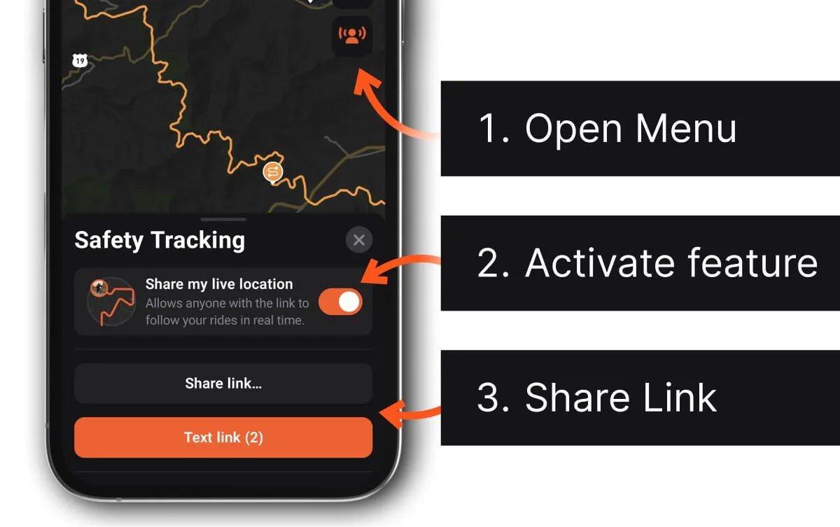 The Safety Tracking button on the map, and the Safety Tracking menu with Share my live location, Share link… and Text link