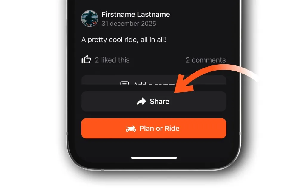 A route with the Share button at the bottom, above Plan or Ride