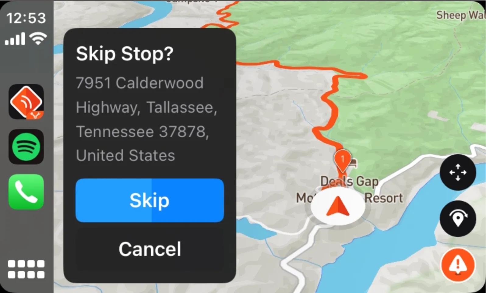 Skip Stop? on CarPlay with the Skip and Cancel buttons