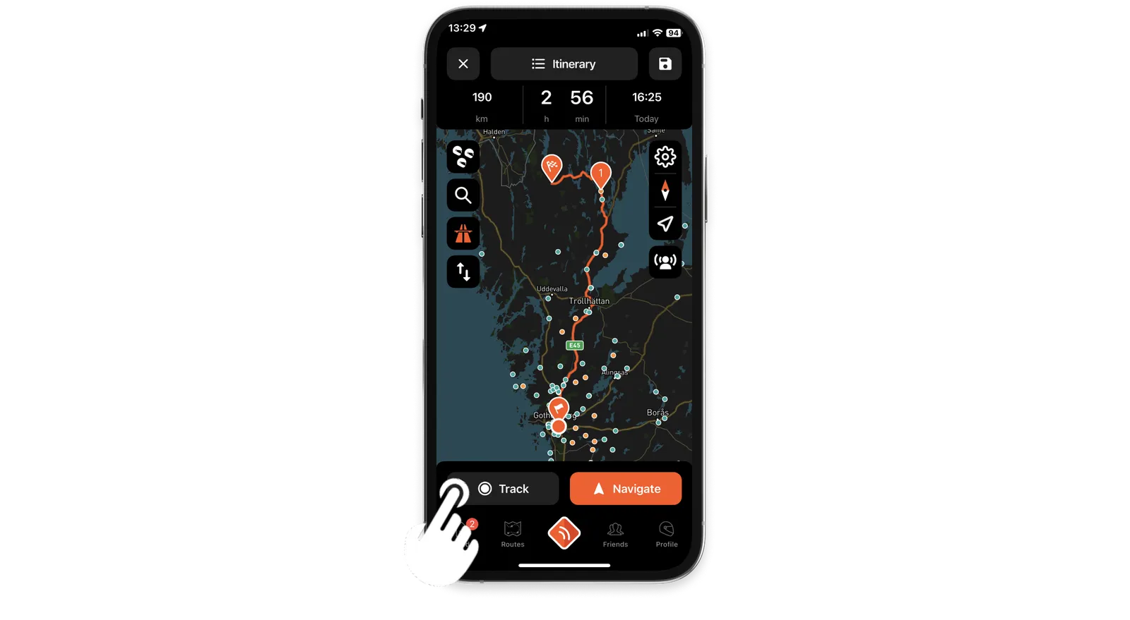 A planned route with the Track button next to Navigate at the bottom of the screen