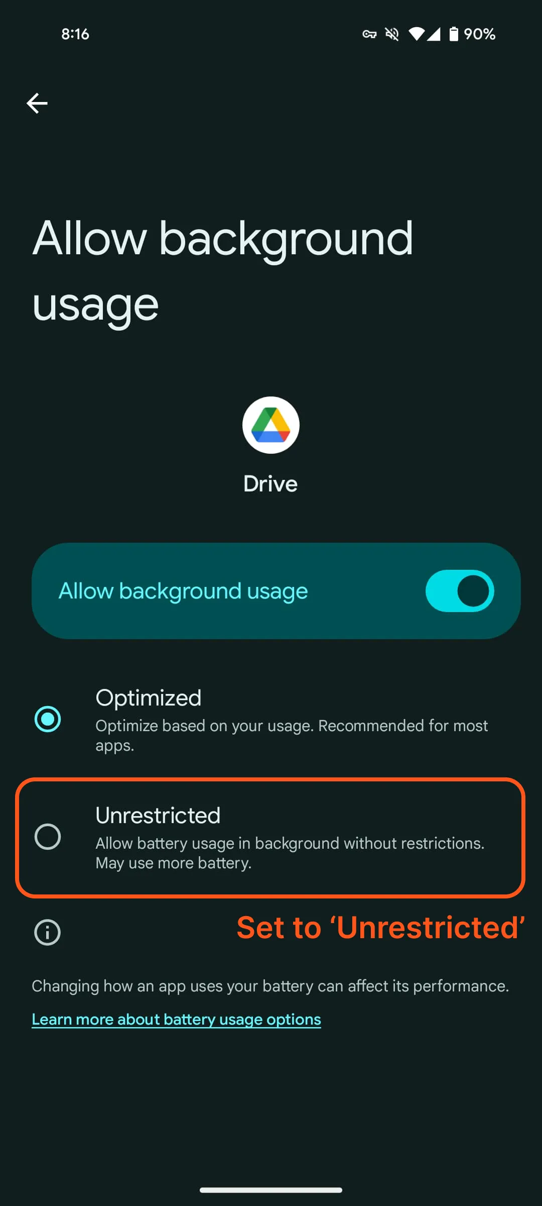 The Allow background usage screen, with Unrestricted below Optimized